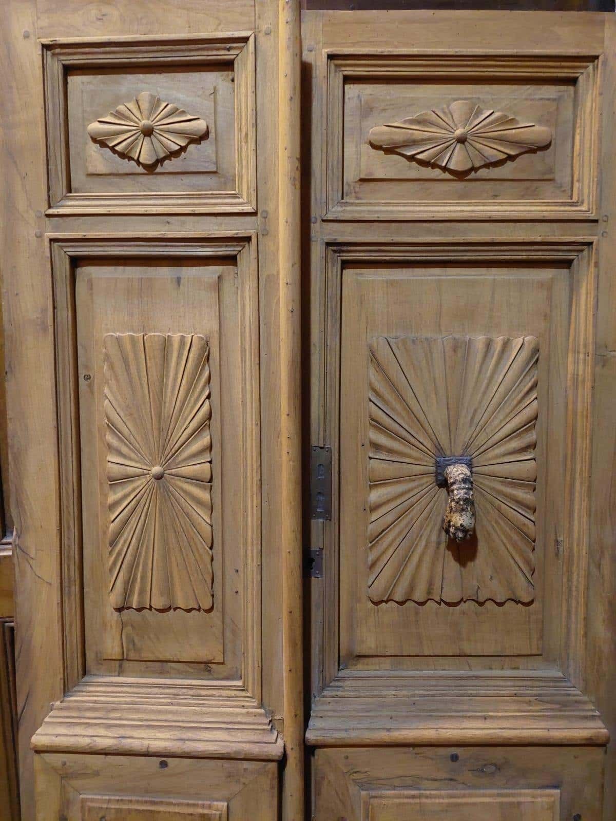 Old Double Entrance Door In Poplar Wood, Carved With Knocker, Italy photo for sale