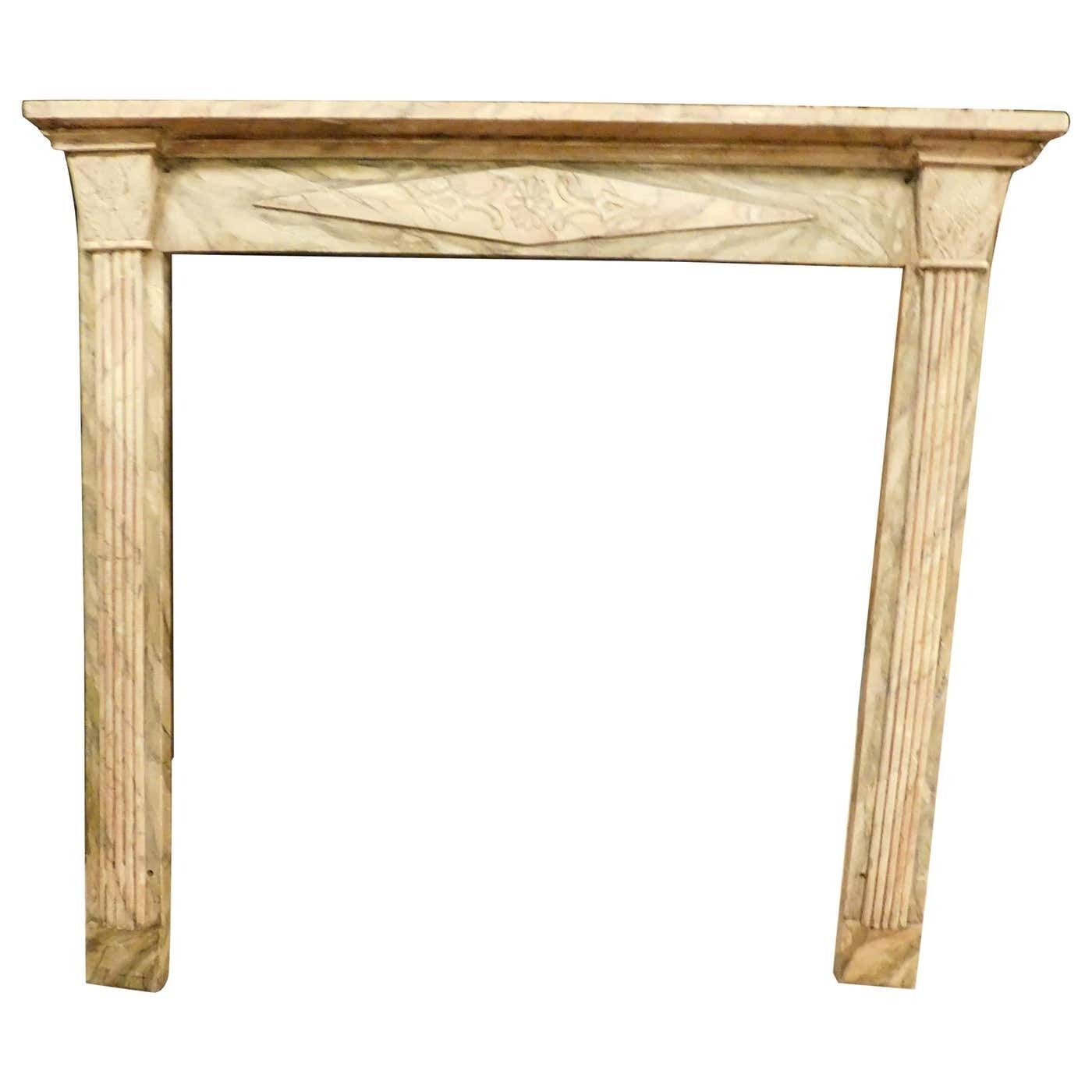 Vintage Mantel Fireplace, In Faux Marble Lacquered And Carved Wood, Italy