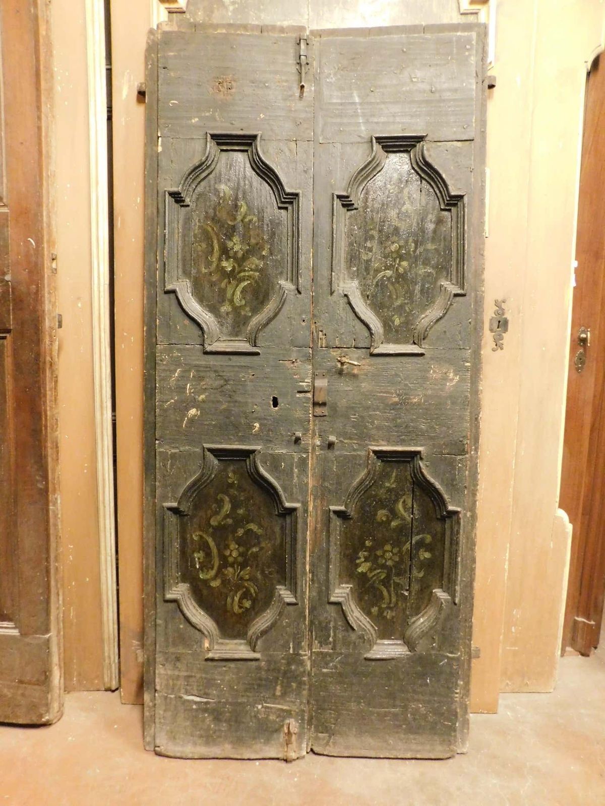 Double Door In Rustic Larch Wood, Black Background And Painted Panels, Italy photo furniture