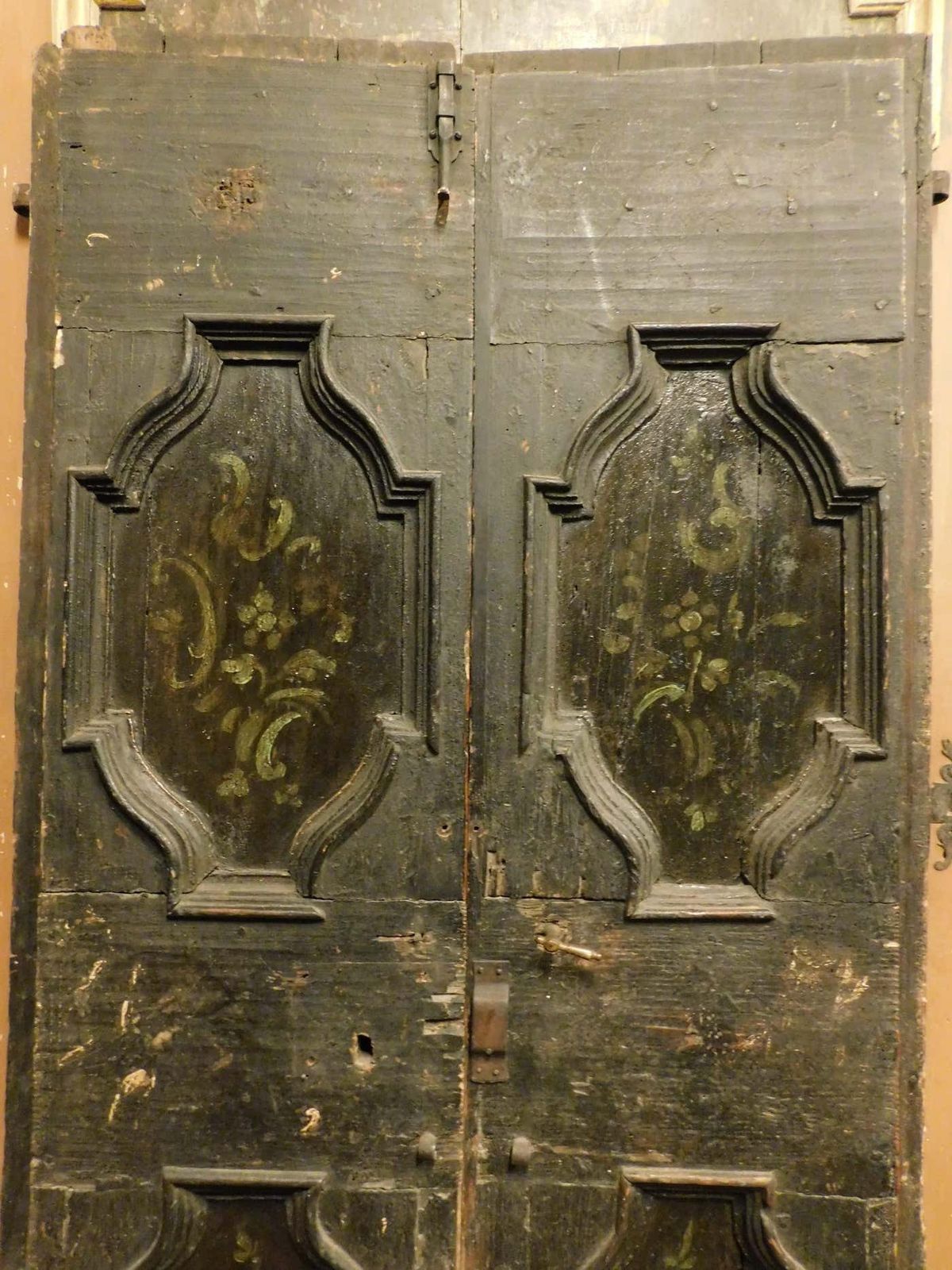 Double Door In Rustic Larch Wood, Black Background And Painted Panels, Italy photo Home Fixtures