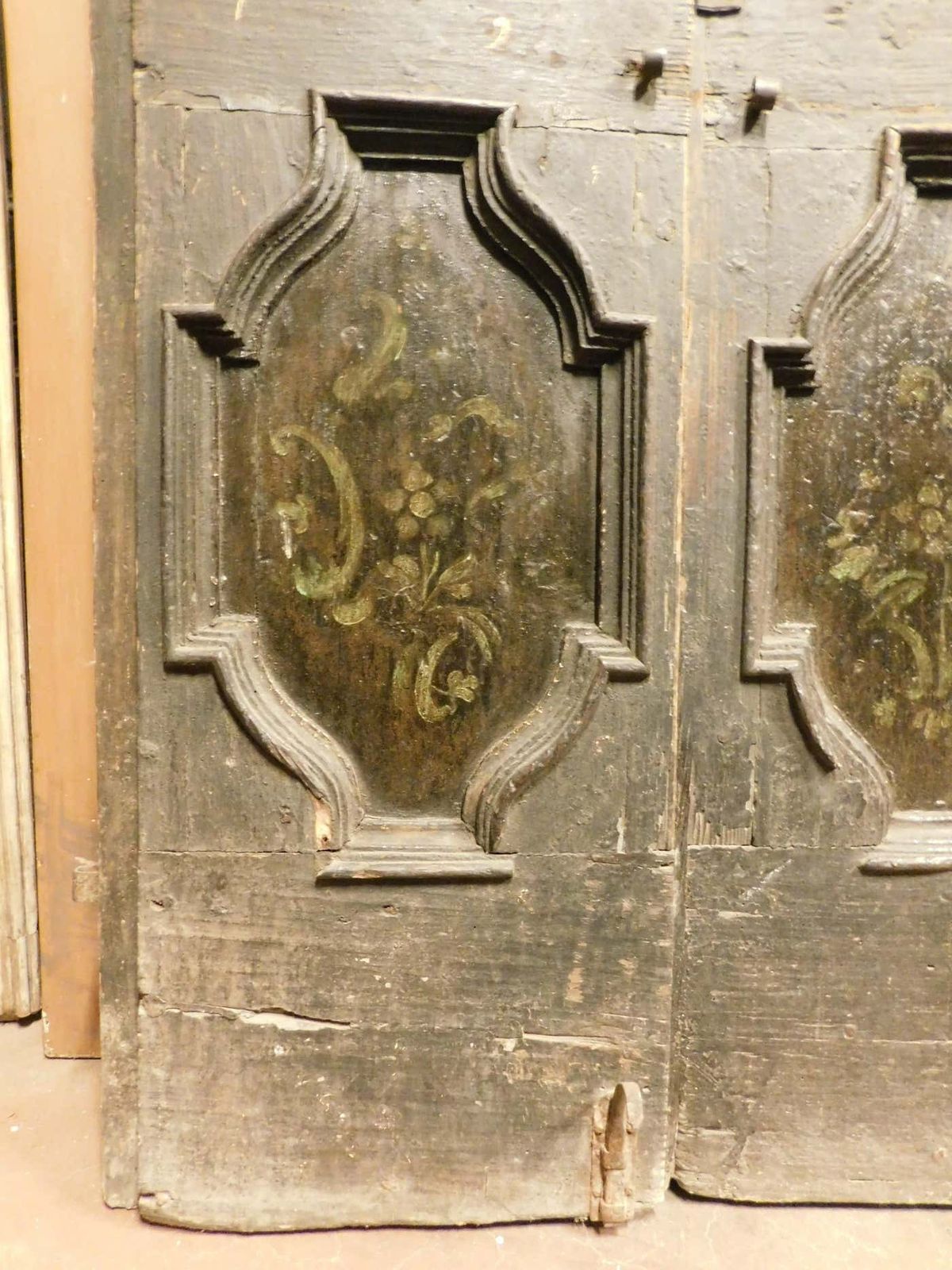 Double Door In Rustic Larch Wood, Black Background And Painted Panels, Italy photo vinterior