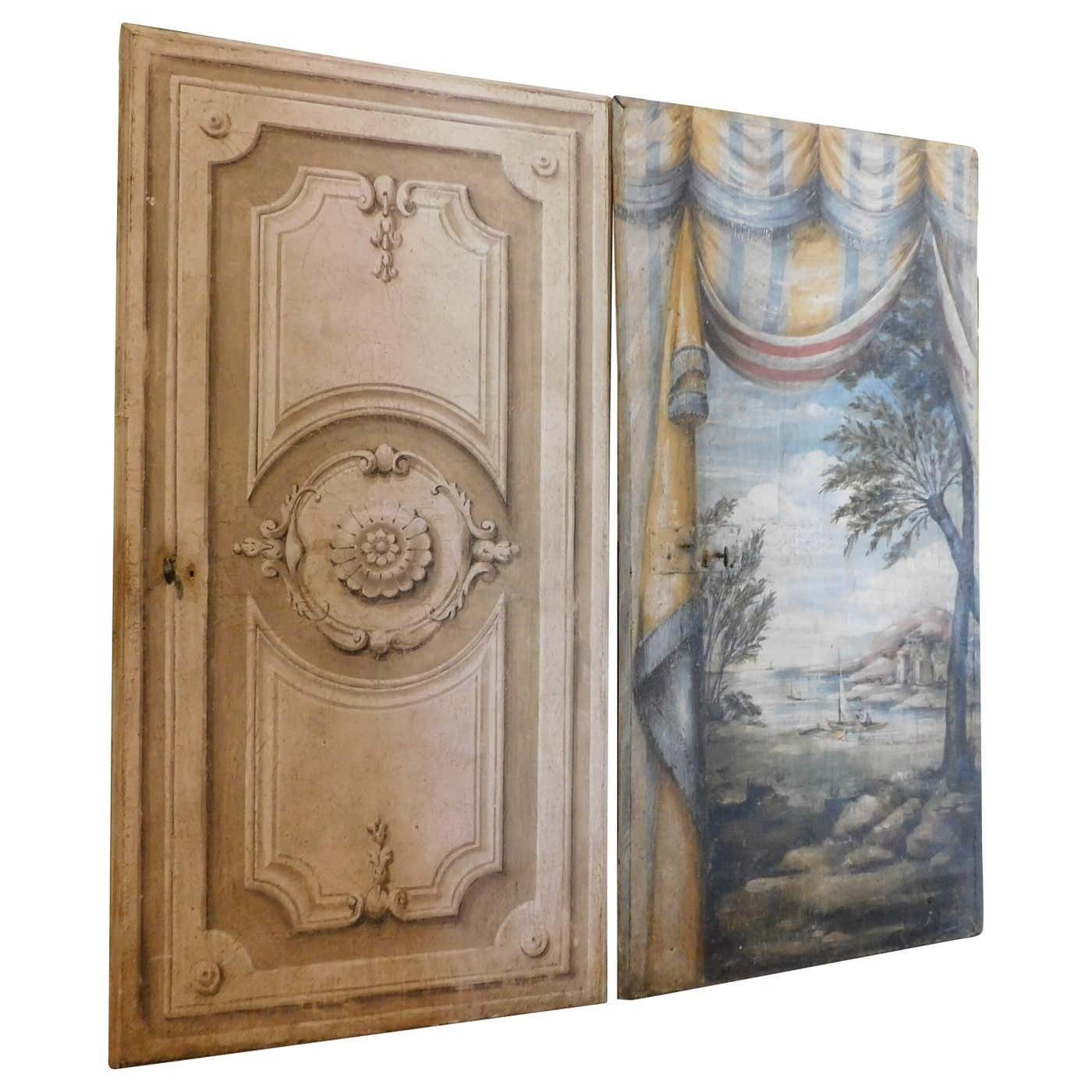 N.2 Antique Wooden Doors, Richly Painted Double Sided Different Theme, Italy