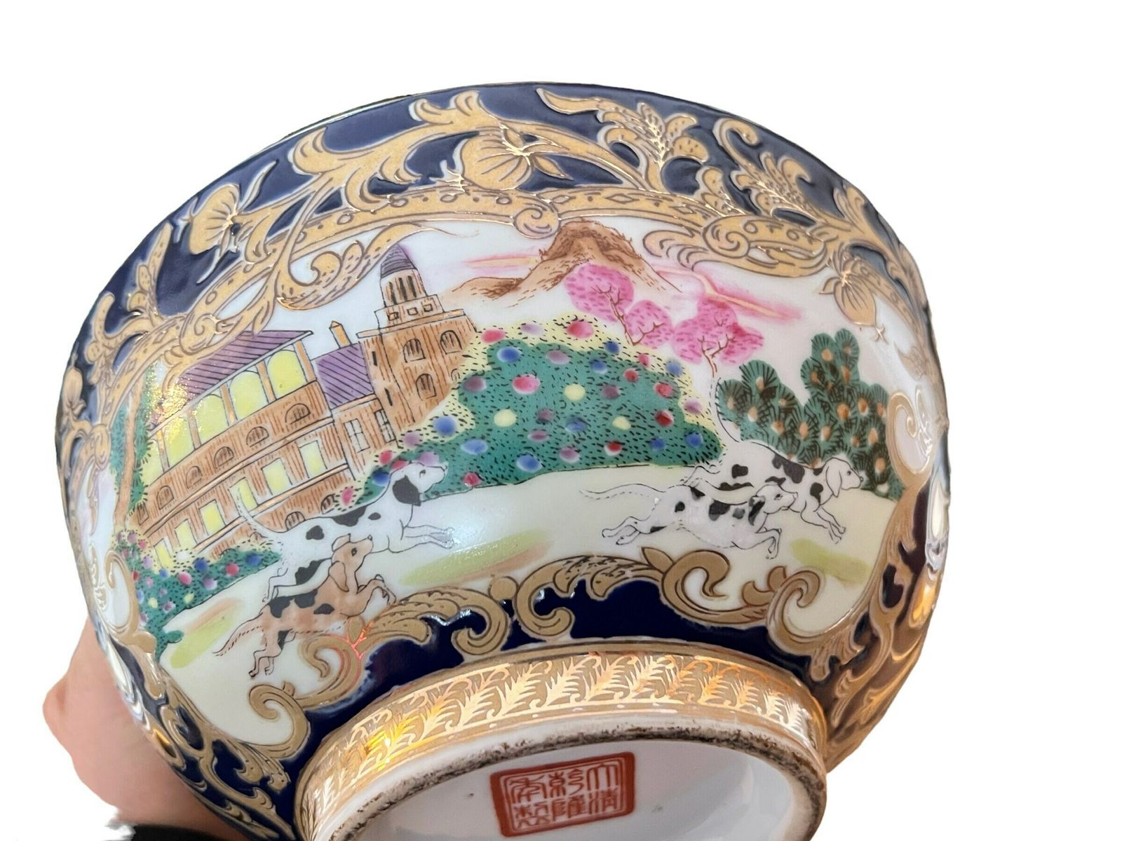 Chinese Famille Rose Dalmatian Hunting Bowl, Qianlong Porcelain Vintage Stamp With European Figures,Chinese Famille Rose Hunting Bowl photo furniture