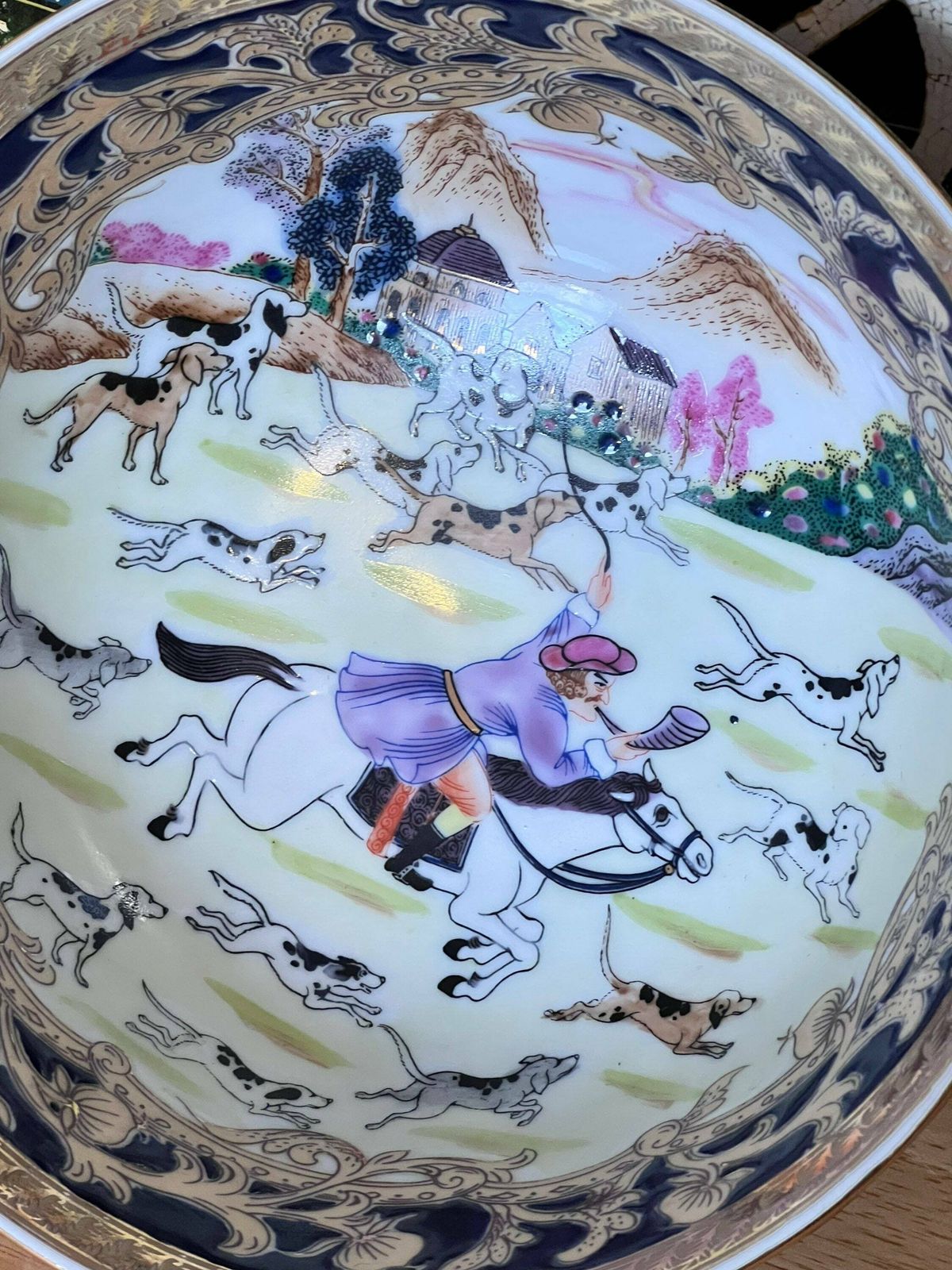 Chinese Famille Rose Dalmatian Hunting Bowl, Qianlong Porcelain Vintage Stamp With European Figures,Chinese Famille Rose Hunting Bowl photo vintage