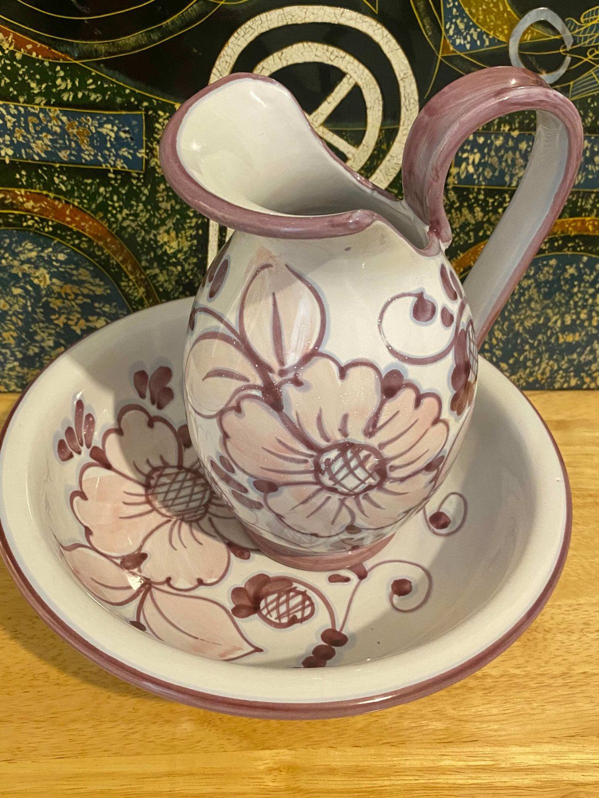 Italian Majolica Tin Glazed Pitcher And Bowl, Vintage Ewer & Basin Made In Italy, Italian Majolica Ceramic Chamber, Mid Century Modern Jug photo furniture