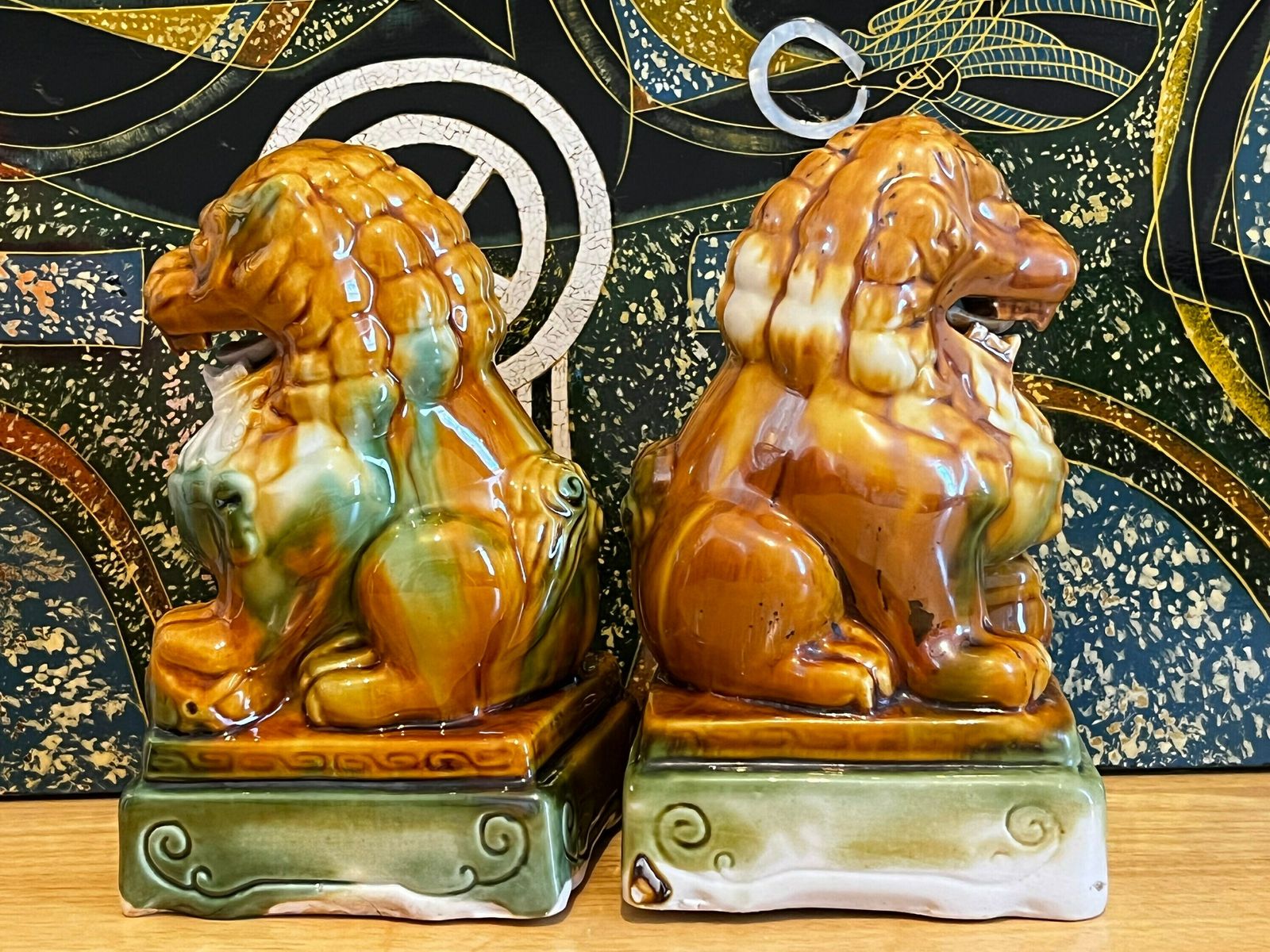 Chinese Majolica Famille Verte Foo Dogs On Stands , Majolica Orange Foo Dogs, Chinese Foo Dog Statues Figurine, Asian Home Decor photo furniture