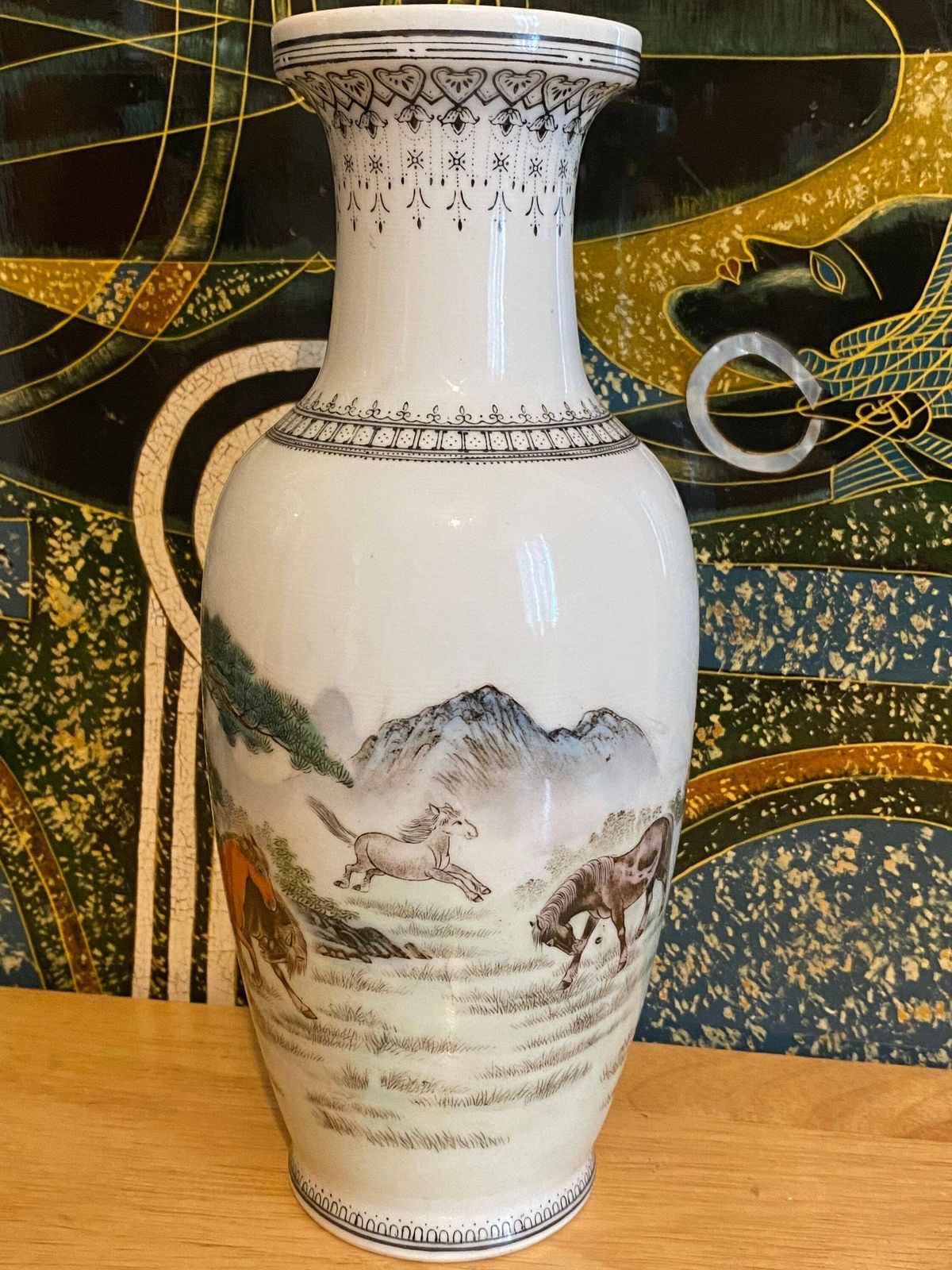 Chinese Porcelain 1930s  1970s Proc Vase Horses Of Wang Mu Calligraphy, photo for sale