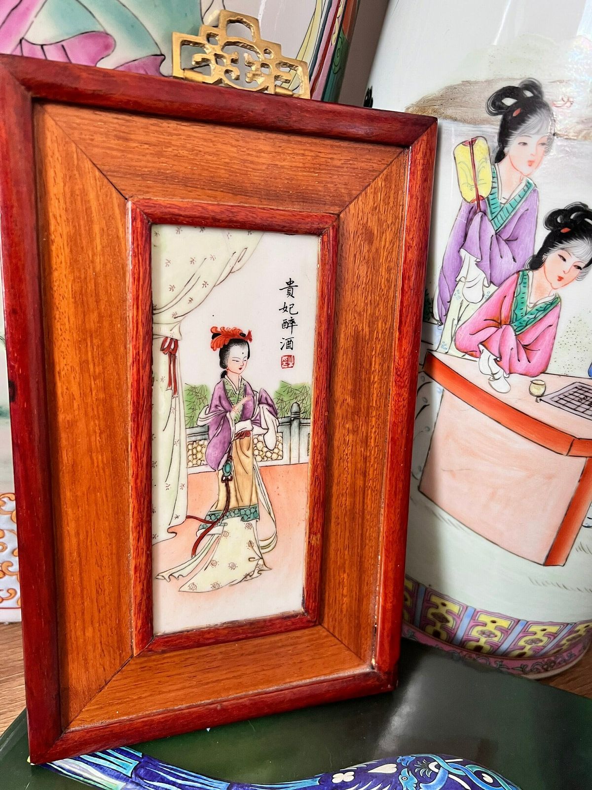 Porcelain Plaque Chinese Famille Verte Porcelain Plaque, Rose Wood Framed Chinese Republic Hand Painted Porcelain Plaque photo buy