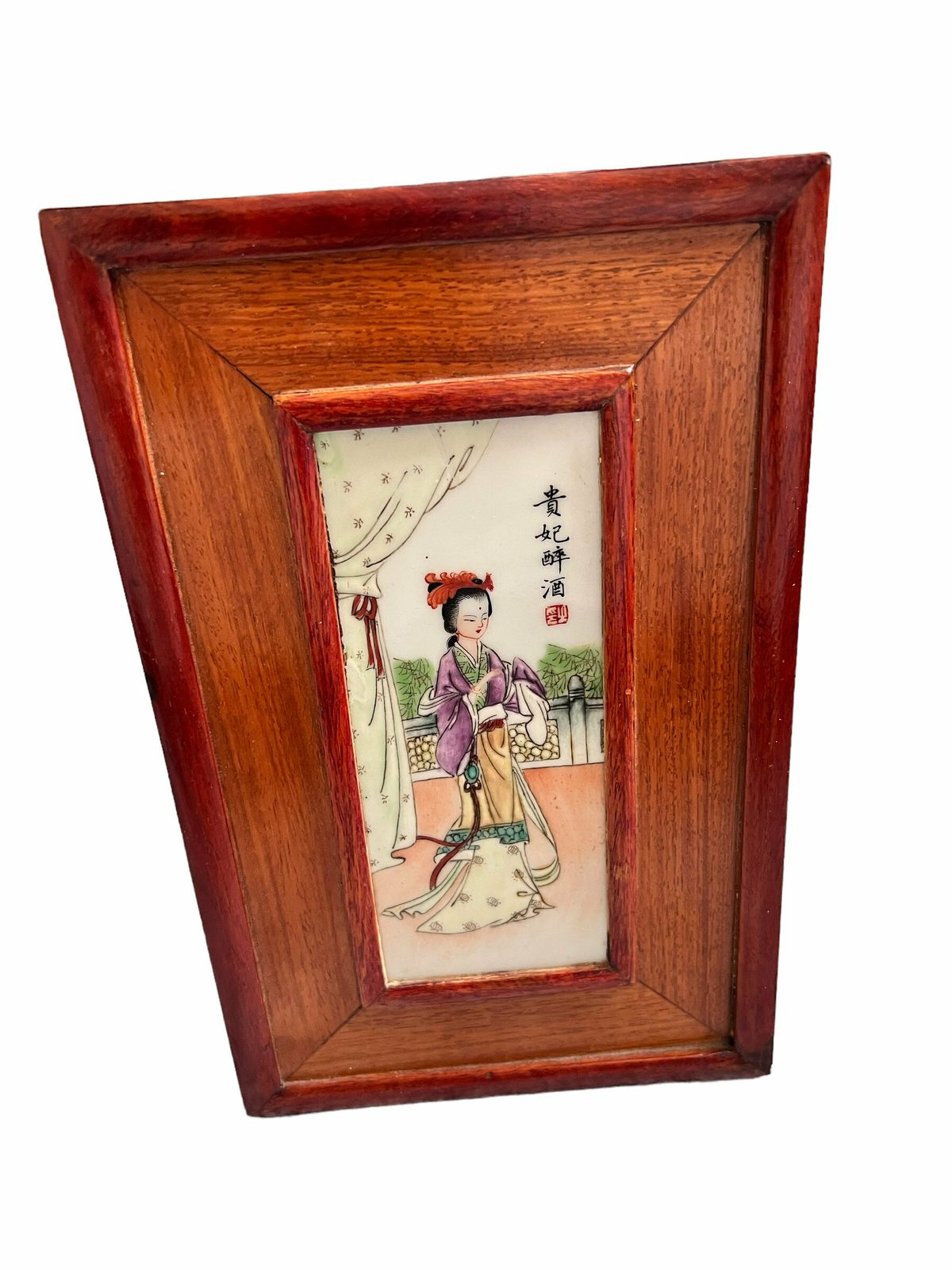 Porcelain Plaque Chinese Famille Verte Porcelain Plaque, Rose Wood Framed Chinese Republic Hand Painted Porcelain Plaque photo vintage