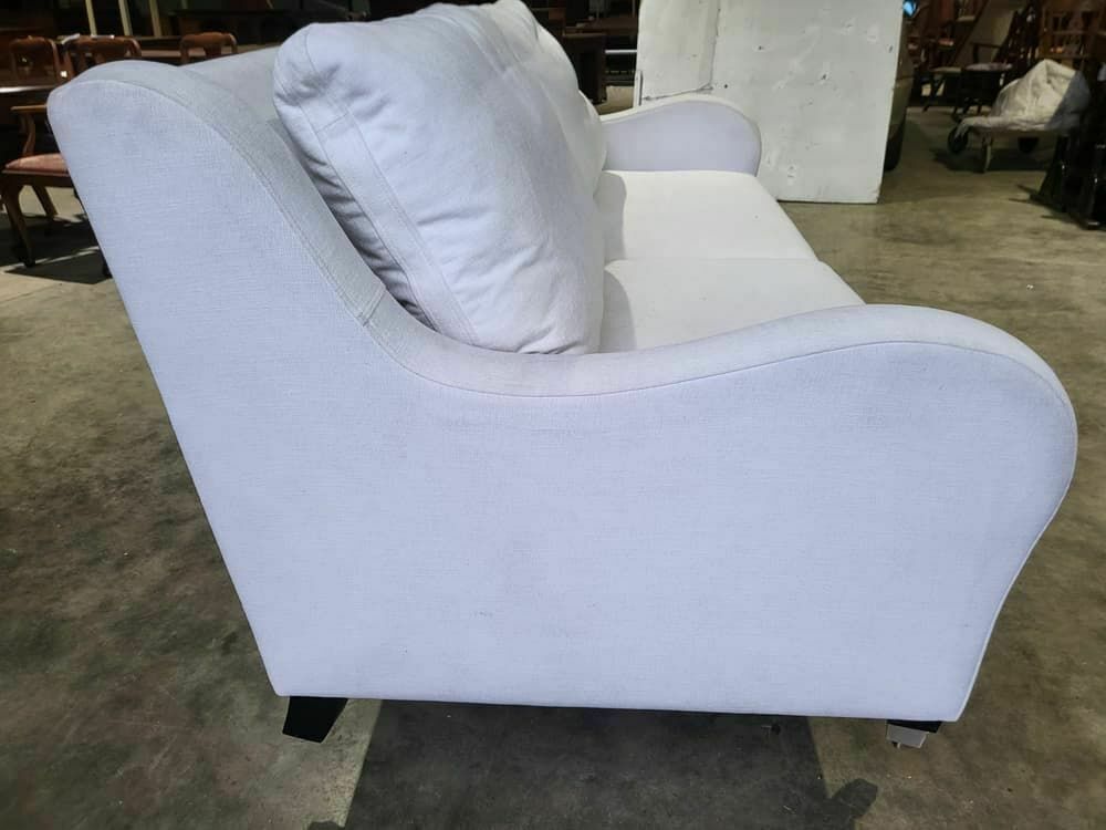 Sofa 2 Seat Feather Cushions Castors Curved Sides Oatmeal White Fabric photo vinterior