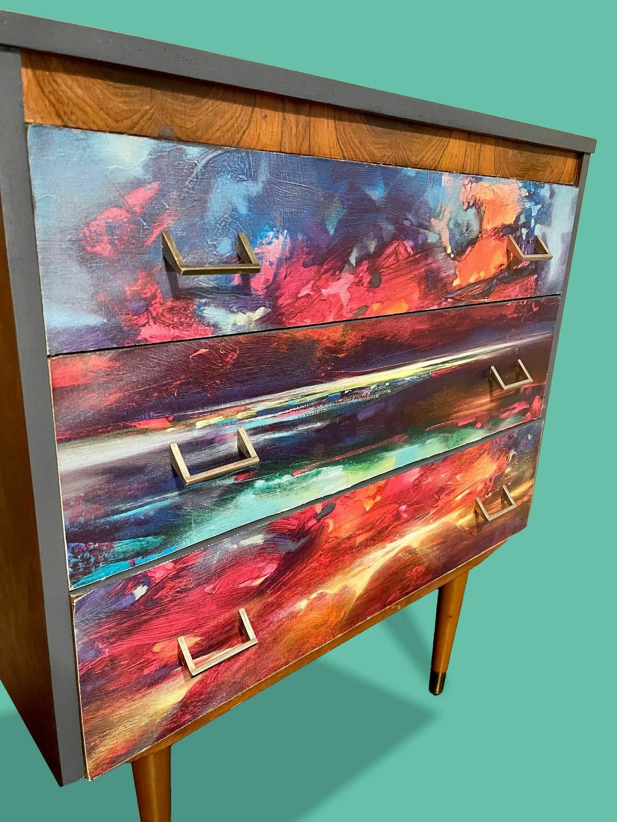 1950s Chest Of Drawers With Neon Bright Abstract Digital Print Decoupage Front photo for sale