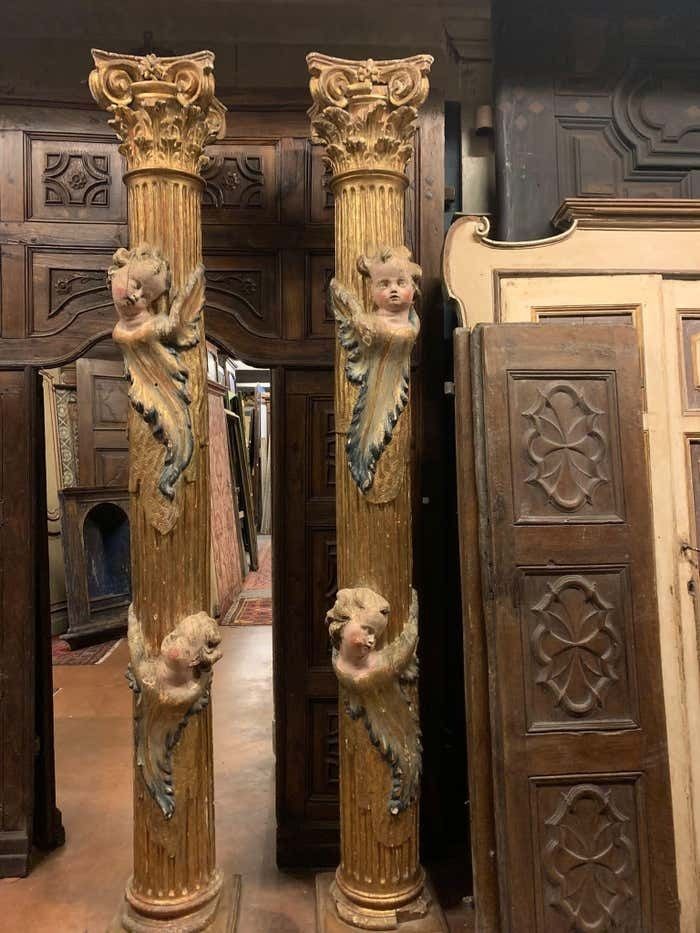 Pair Of Wooden Columns, Carved And Gilded With Polychrome Putti, From Spain. photo furniture