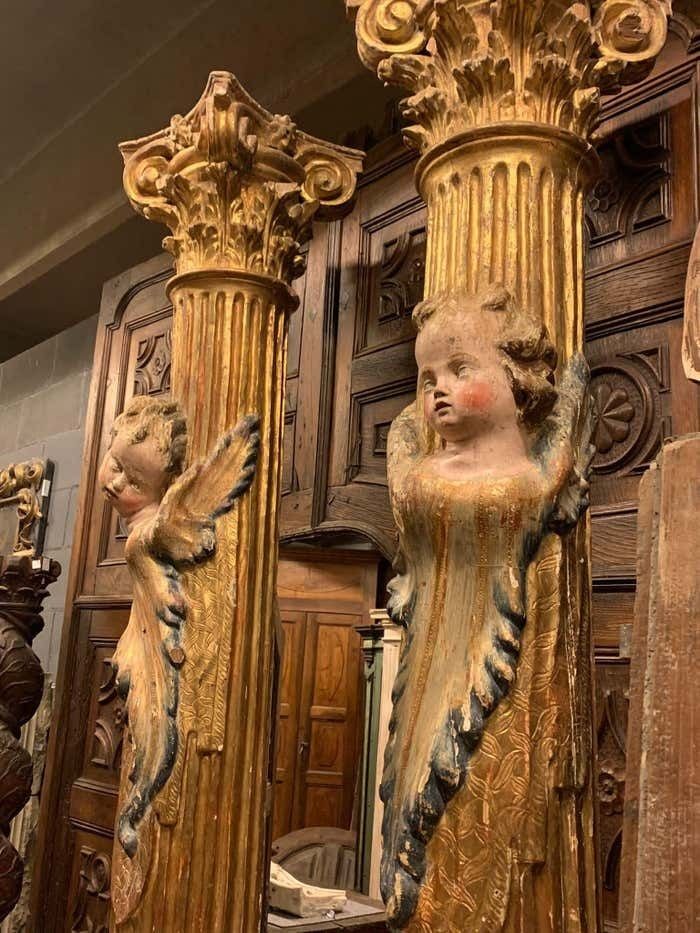 Pair Of Wooden Columns, Carved And Gilded With Polychrome Putti, From Spain. photo Home Decor