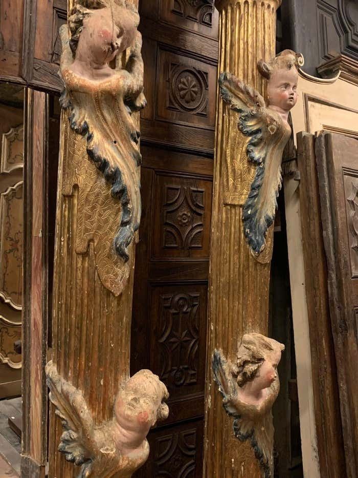 photo furniture Pair Of Wooden Columns, Carved And Gilded With Polychrome Putti, From Spain.