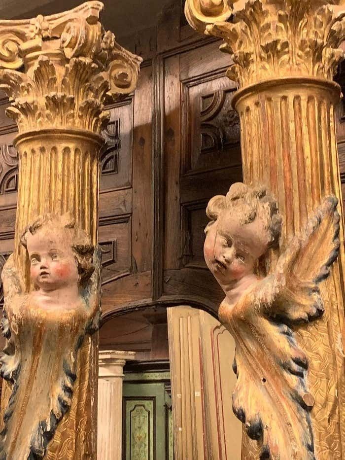 Home Decor Pair Of Wooden Columns, Carved And Gilded With Polychrome Putti, From Spain. photo