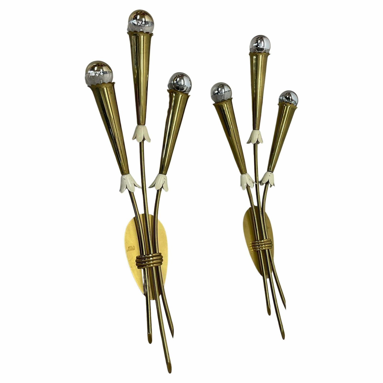 Set Of 2 Xl Brass 59cm Stilnovo Style Theatre Wall Light Sconces, Italy, 1950s