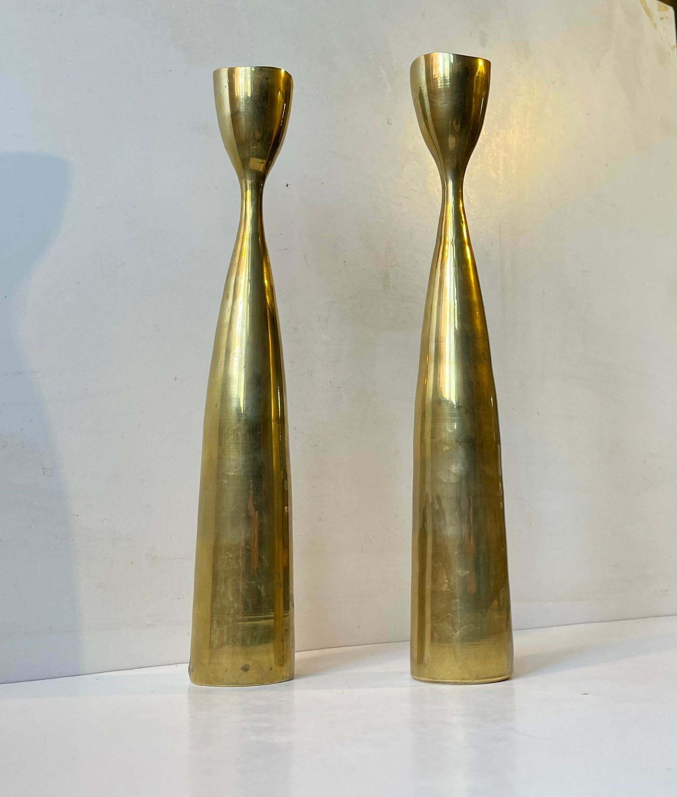 Tall Scandinavian Modern Tulip Candlesticks In Brass photo for sale