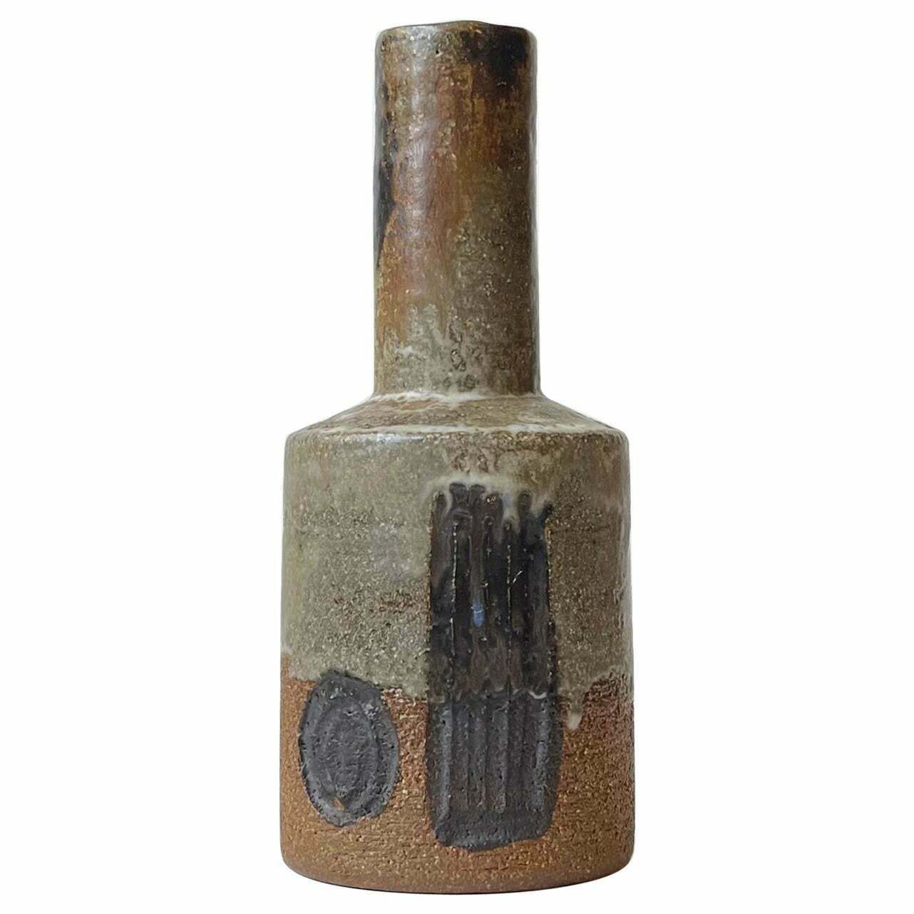 Jette Hellerøe Brutalist Vase In Glazed Stoneware For Axella, Danish 1970s
