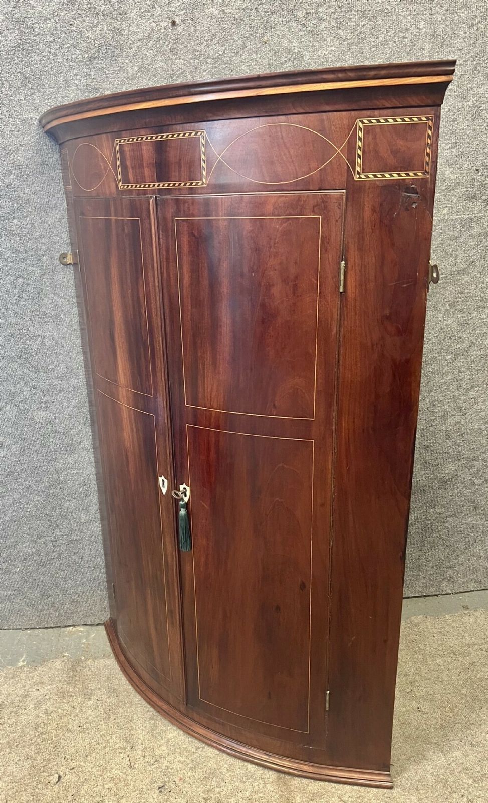 George III Mahogany And Inlaid Hanging Corner Cabinet Cupboard photo 495.0