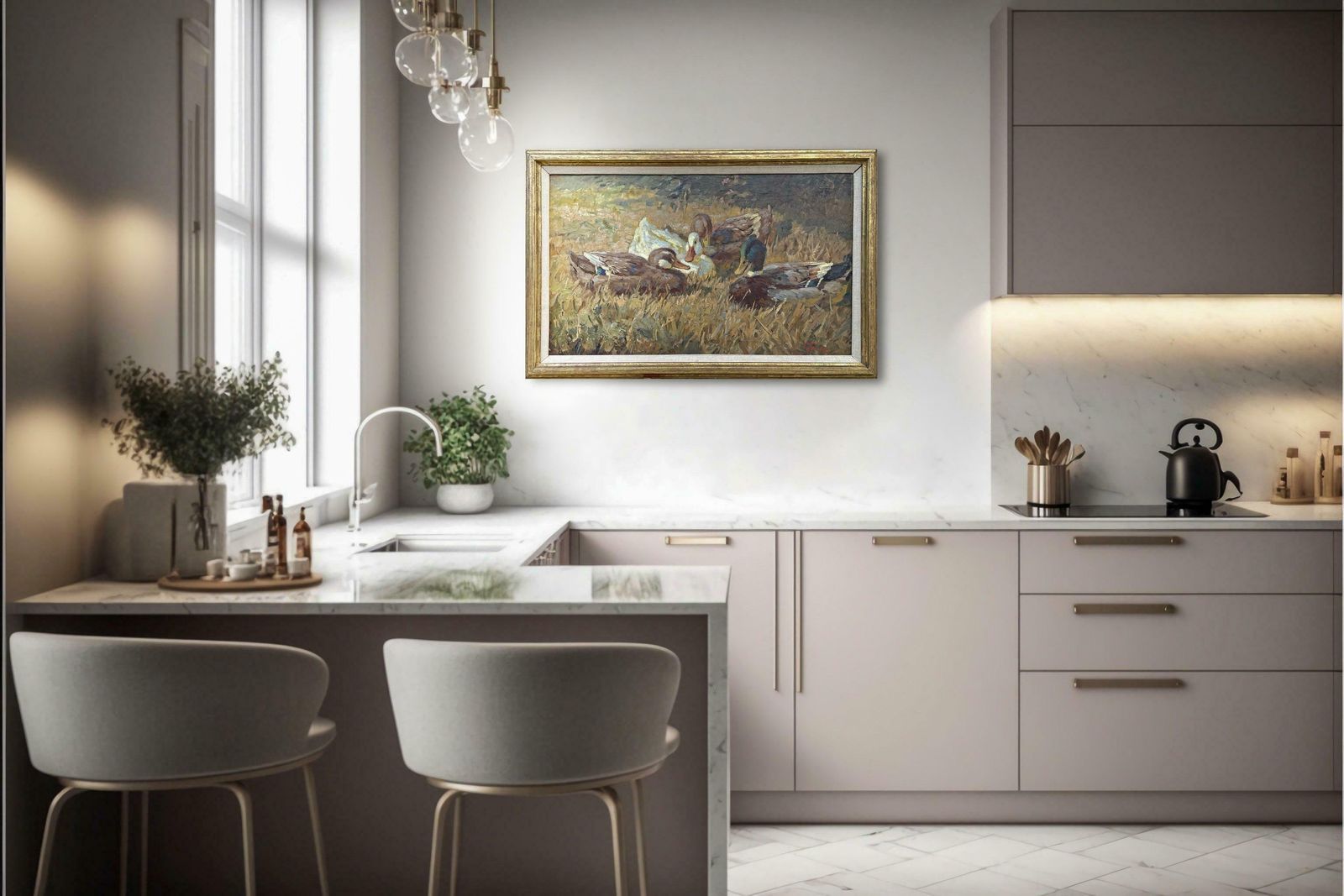 Ducks Oil On Canvas Painting By Keller Kühne Josef Woldemar photo for sale