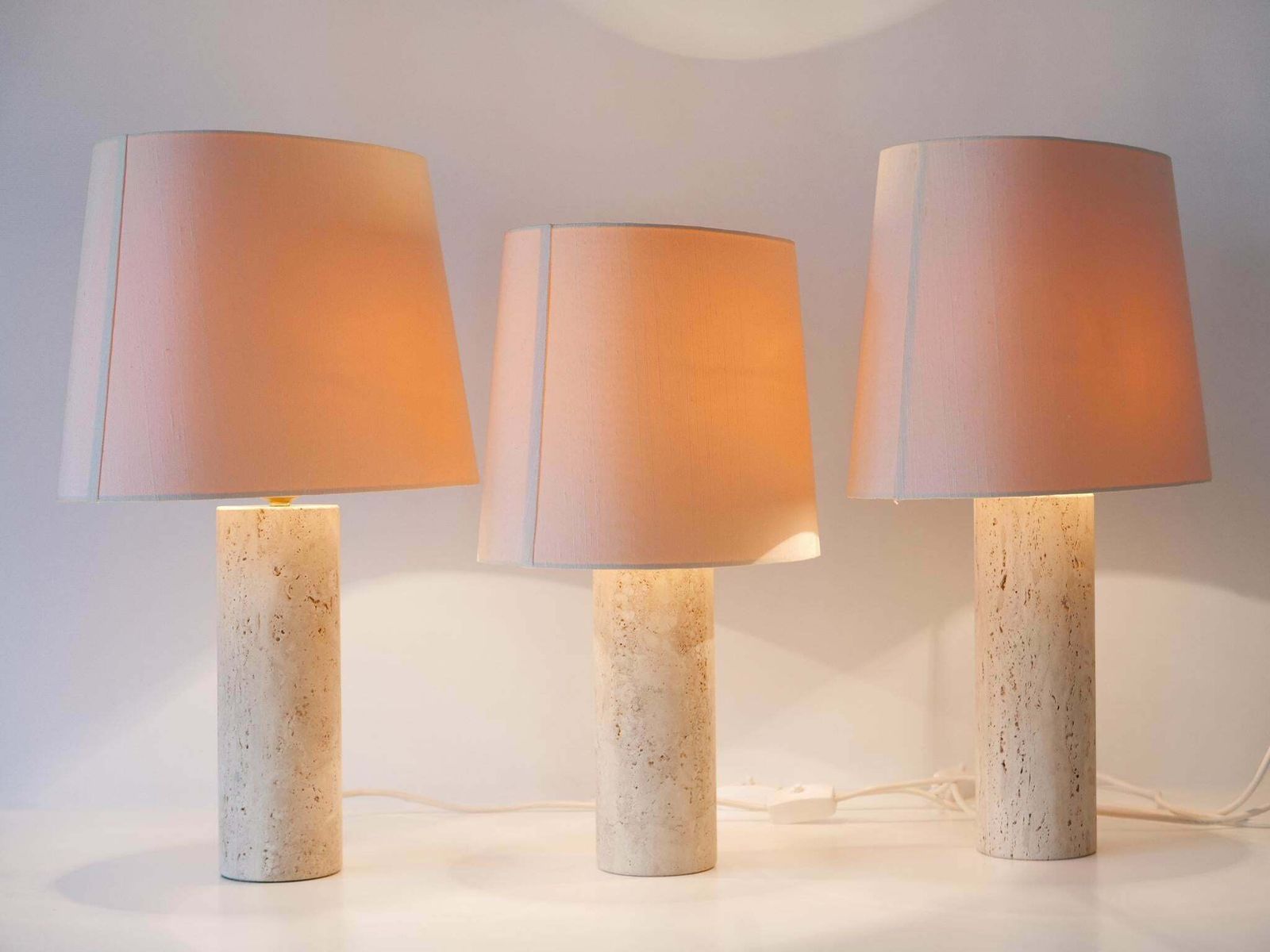 photo for sale Set Of Three Elegant Mid Century Modern Travertine Table Lamps Italy 1960s
