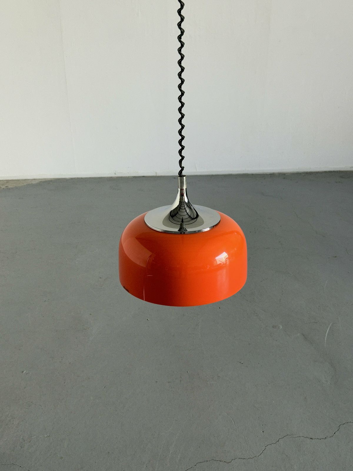 Mid Century Modern Orange Pendant Lamp Designed By Harvey Guzzini For Meblo, 1970s Space Age, Yugoslavia / Atomic Age Ufo Hanging Light photo Lighting