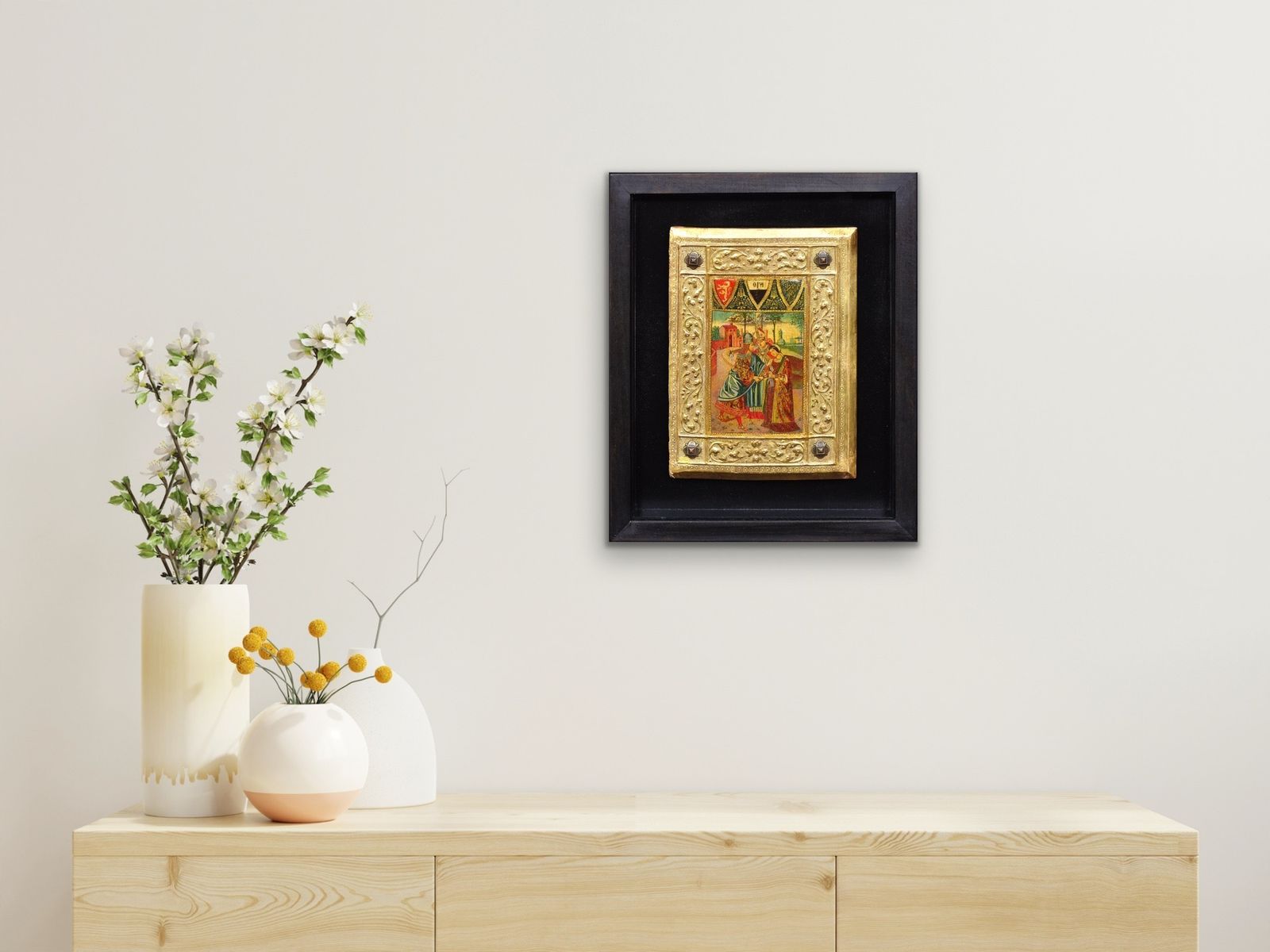 Icilio Federico Joni 1866 To 1946. Italian. Painted Wood Tavolette Book Cover Binding. The Biccherna Aesthetic. Siena. Sienese. Tuscany. Framed. photo vintage