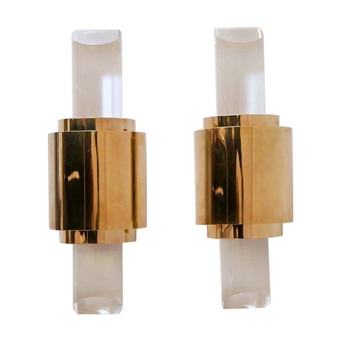 Set Of Two Exceptional Gilt Brass & Lucite Sconces Or Wall Lights Germany 1980s