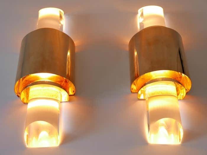 Lighting Set Of Two Exceptional Gilt Brass & Lucite Sconces Or Wall Lights Germany 1980s photo