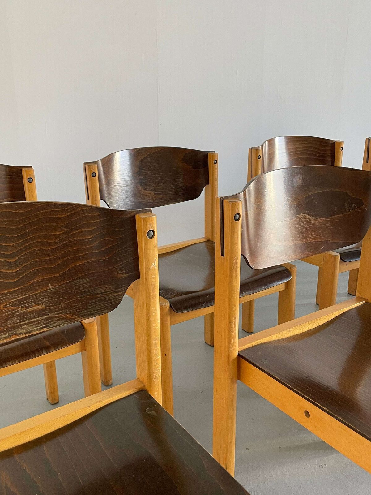 Mid Century Modern Stackable Dining Chairs Or Visitor Chairs In The Style Of Roland Rainer, Beech And Stained Plywood, 1970s Germany photo buy