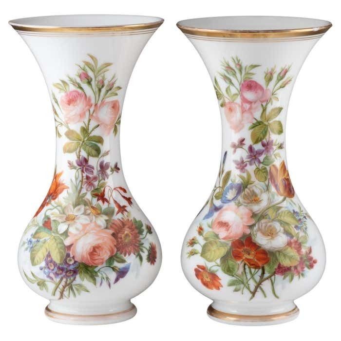 Pair Of Opaline Vases Painted With Floral Motifs, 19th Century.