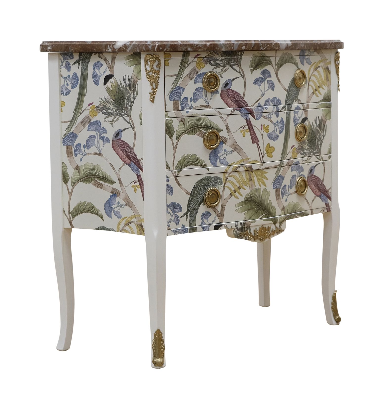 Louis XV Style 3 Drawer Chest With Exotic Birds Design And Natural Marble Top photo buy