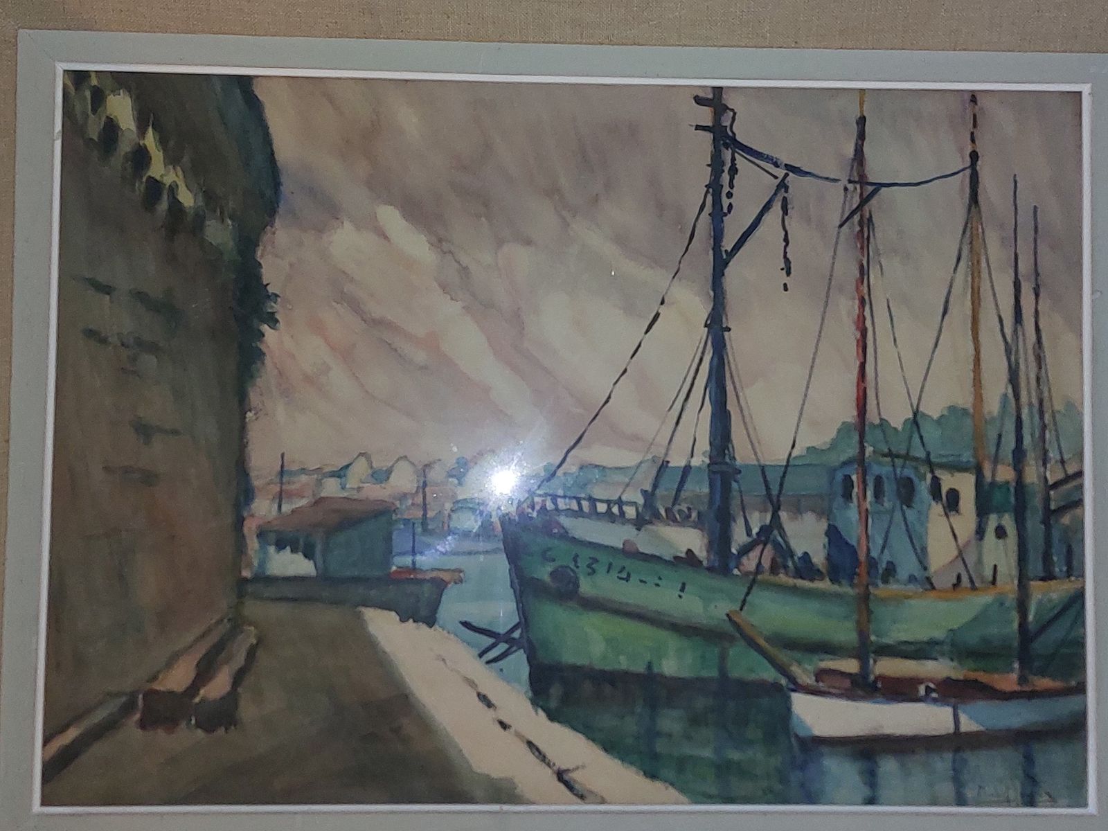Original Tranquil 20th Century Watercolour; Boats Moored In A Harbour photo furniture