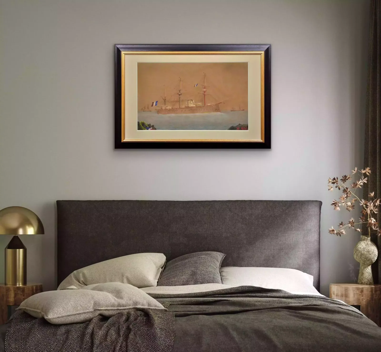 photo furniture French Navy Ironclad Battleship. A La Mémoire De Courbet. Circa 1910. Framed Watercolour Painting. A Sailor's Lament For His Ship & Shipmates.