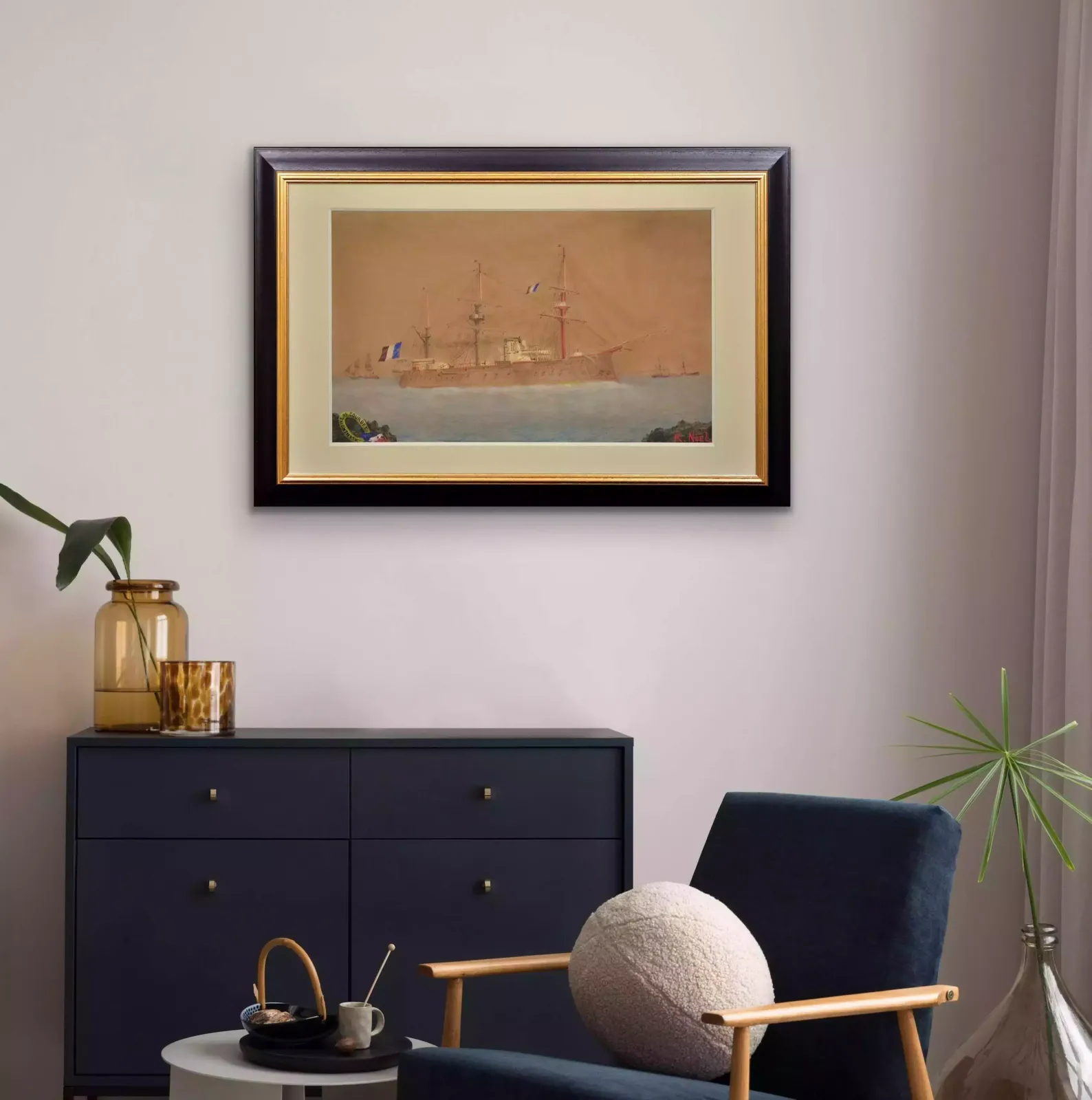 Art French Navy Ironclad Battleship. A La Mémoire De Courbet. Circa 1910. Framed Watercolour Painting. A Sailor's Lament For His Ship & Shipmates. photo