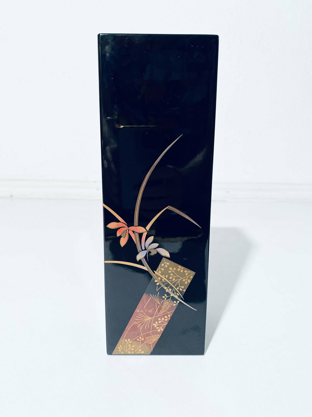 Large Japanese Art Deco Black Lacquer Rectangular Vase With Floral Motif / Traditional Art 1940s photo for sale