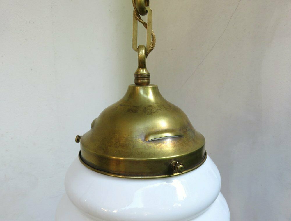 photo for sale Extraordinary Art Nouveau Ceiling Lamp In Brass And Opaline Glass, Austria, 1910s