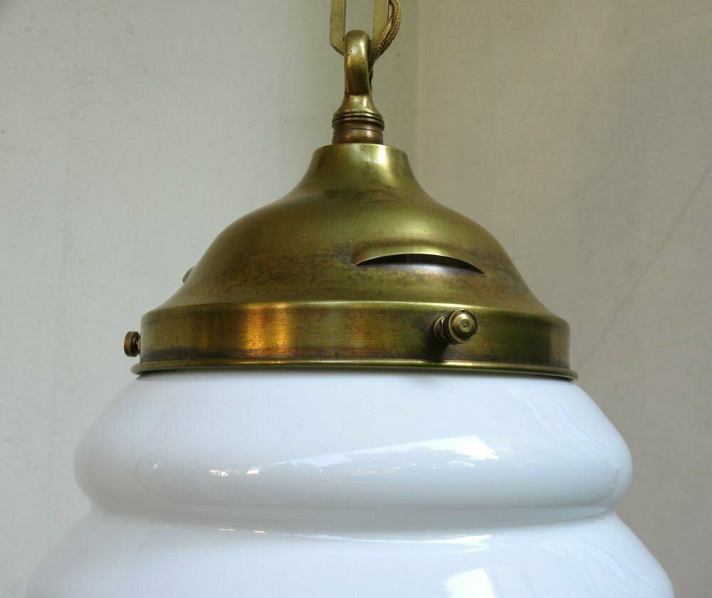 Lighting Extraordinary Art Nouveau Ceiling Lamp In Brass And Opaline Glass, Austria, 1910s photo