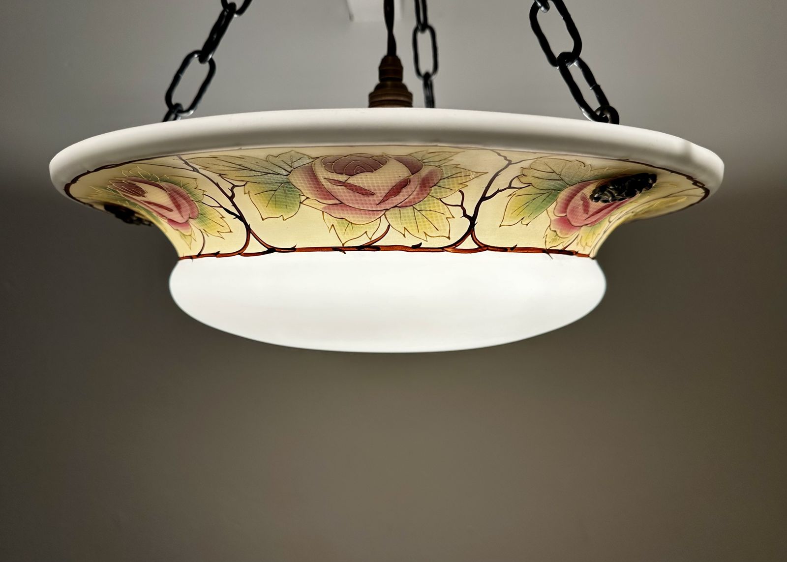 Classic Edwardian Fluted Glass Plafonnier With A Hand Painted Rose Design, Restored, Rewired Ready To Be Placed C.1910 Two Available. photo furniture