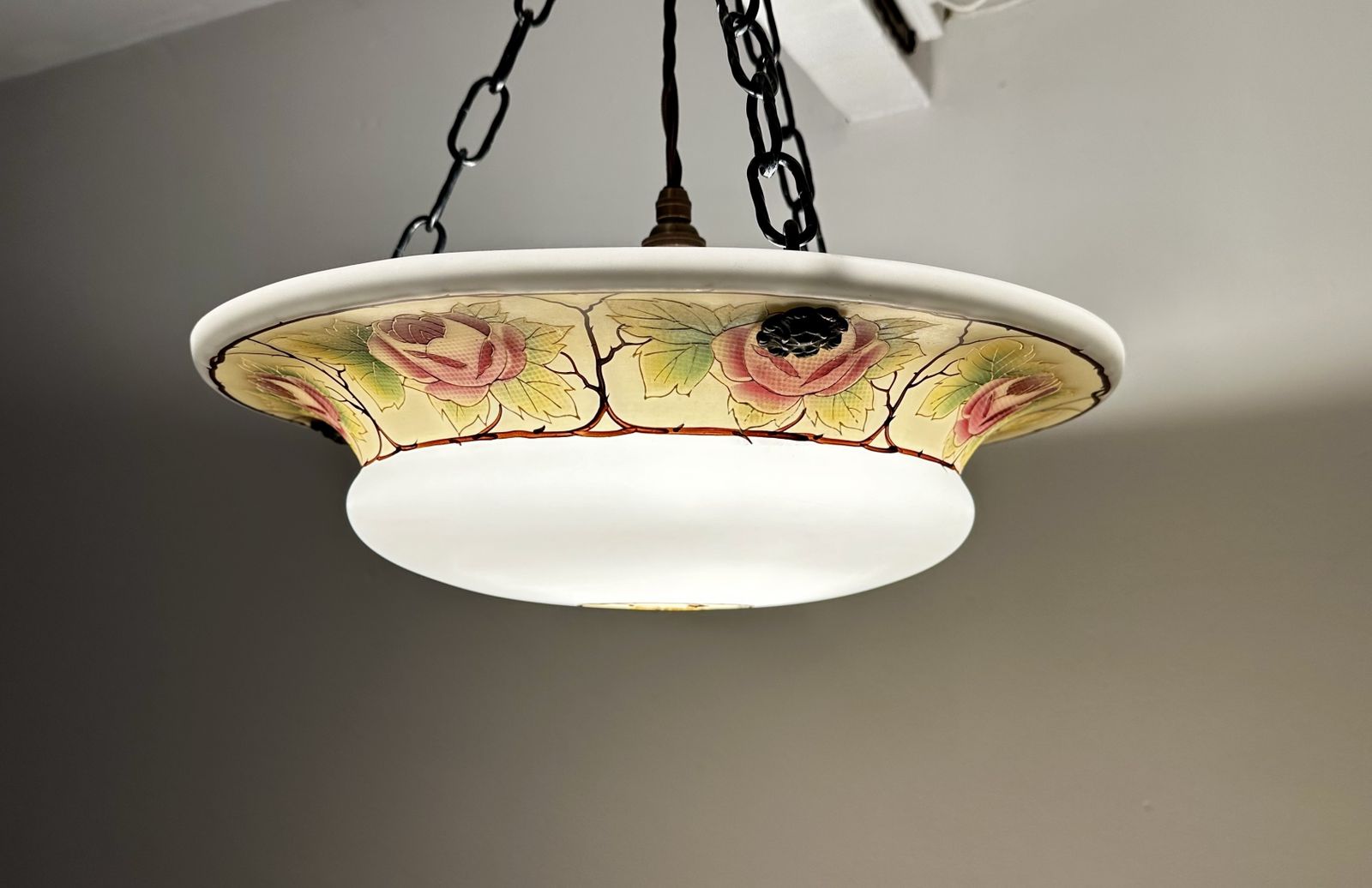 Classic Edwardian Fluted Glass Plafonnier With A Hand Painted Rose Design, Restored, Rewired Ready To Be Placed C.1910 Two Available. photo for sale