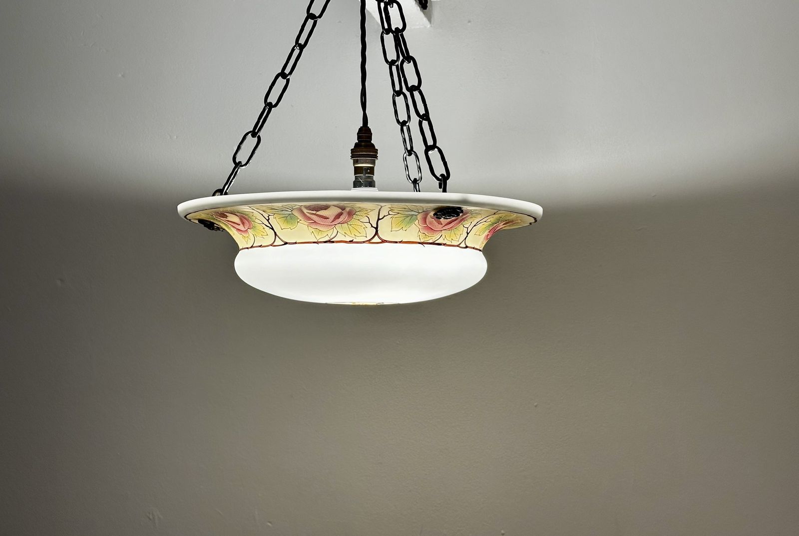 Classic Edwardian Fluted Glass Plafonnier With A Hand Painted Rose Design, Restored, Rewired Ready To Be Placed C.1910 Two Available. photo buy