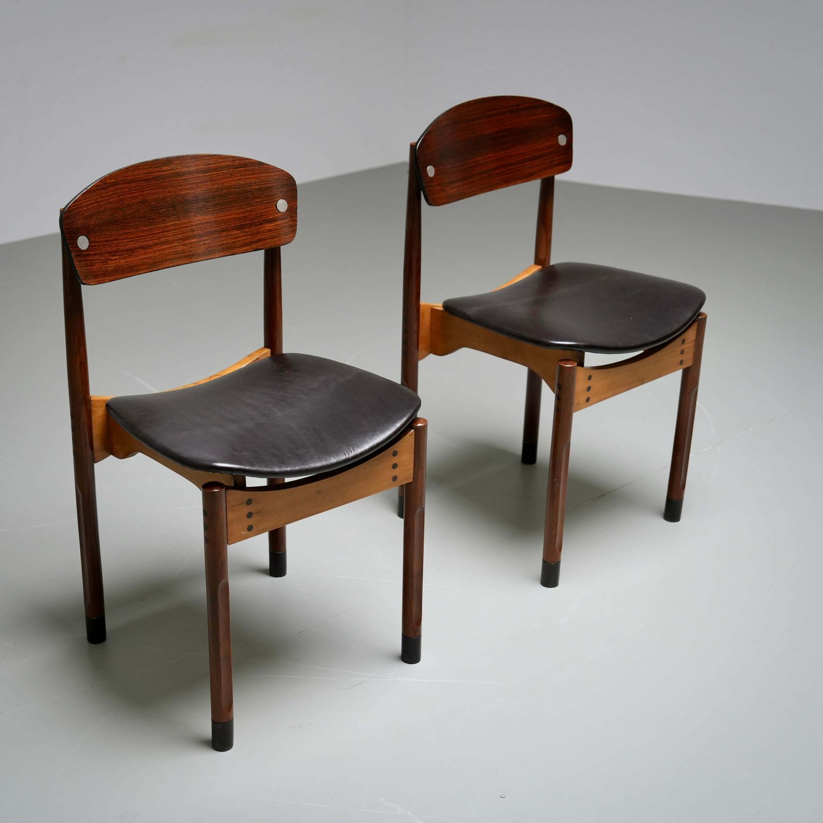 Set Of 2 Diningroom Chairs In Teak, Mahogany And Faux Leather, Italty, 1960's photo buy