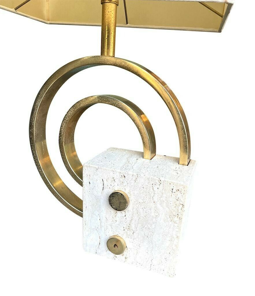 photo for sale An Italian 1970s Sculptural Travertine And Brass Lamp By Giovanni Banci