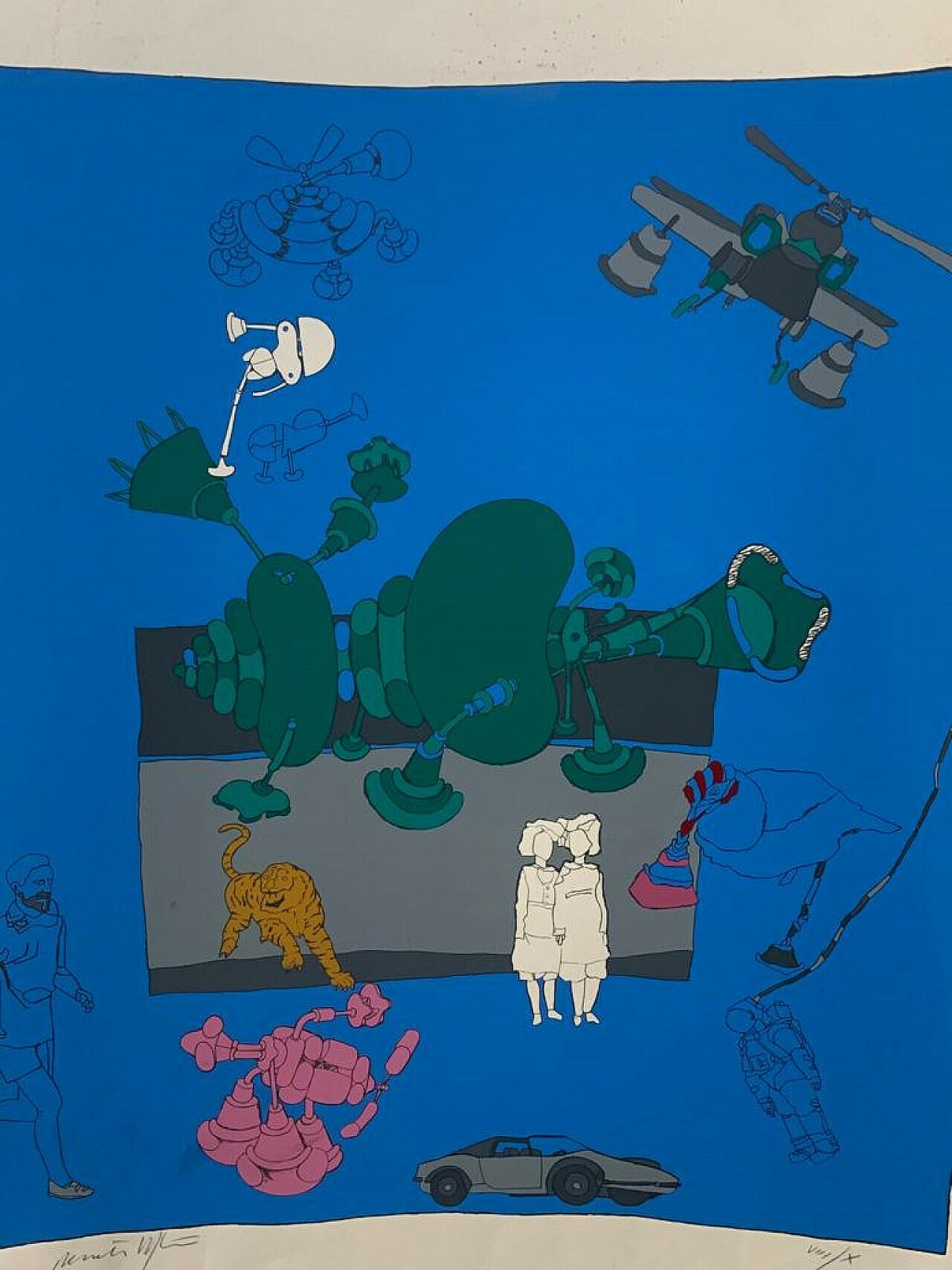 Renato Volpini, Characters And Useless Machines, Lithograph, 1960s photo for sale