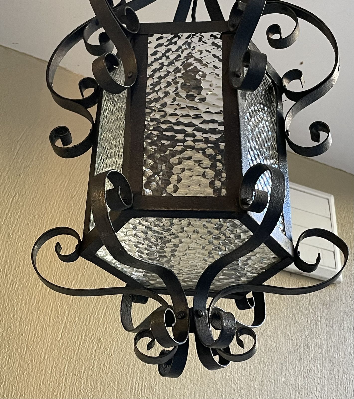 Wrought Iron And Glass Lantern Chandelier photo for sale