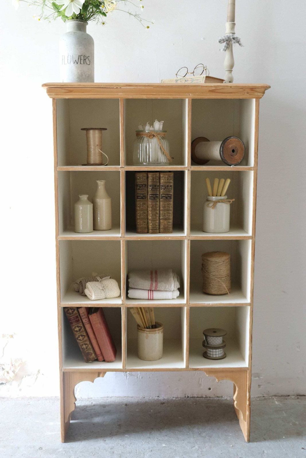 Vintage Freestanding Open Pine Pigeon Hole Cupboard With Linen Painted Shelves photo for sale