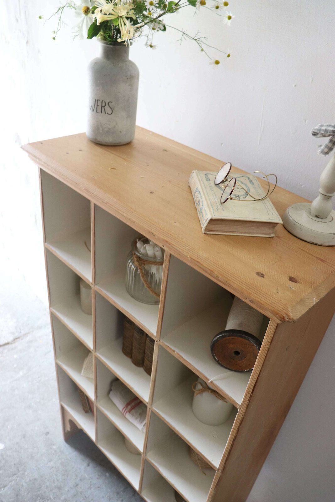 Vintage Freestanding Open Pine Pigeon Hole Cupboard With Linen Painted Shelves photo 550.0