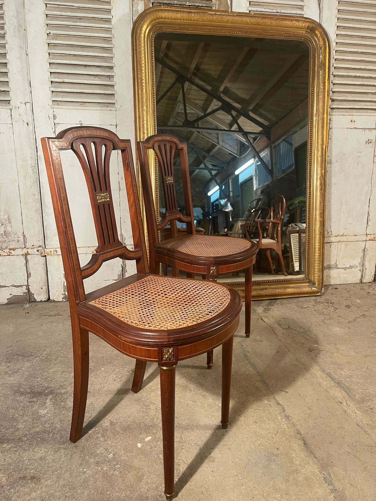 Beautiful Pair Of Antique French Empire Mahogany Satin Wood Inlay Louis XV Cane Show Chairs photo vintage