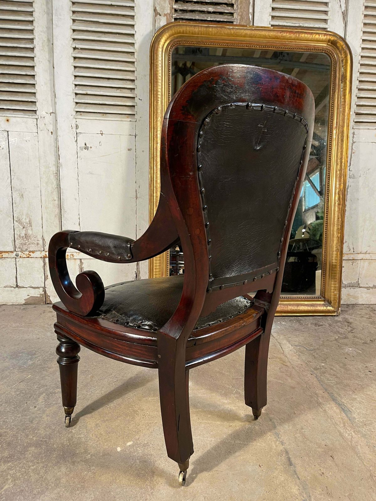 Exceptional Quality Antique English Leather & Mahogany Clerks Desk Chair Circa 1830 photo vintage