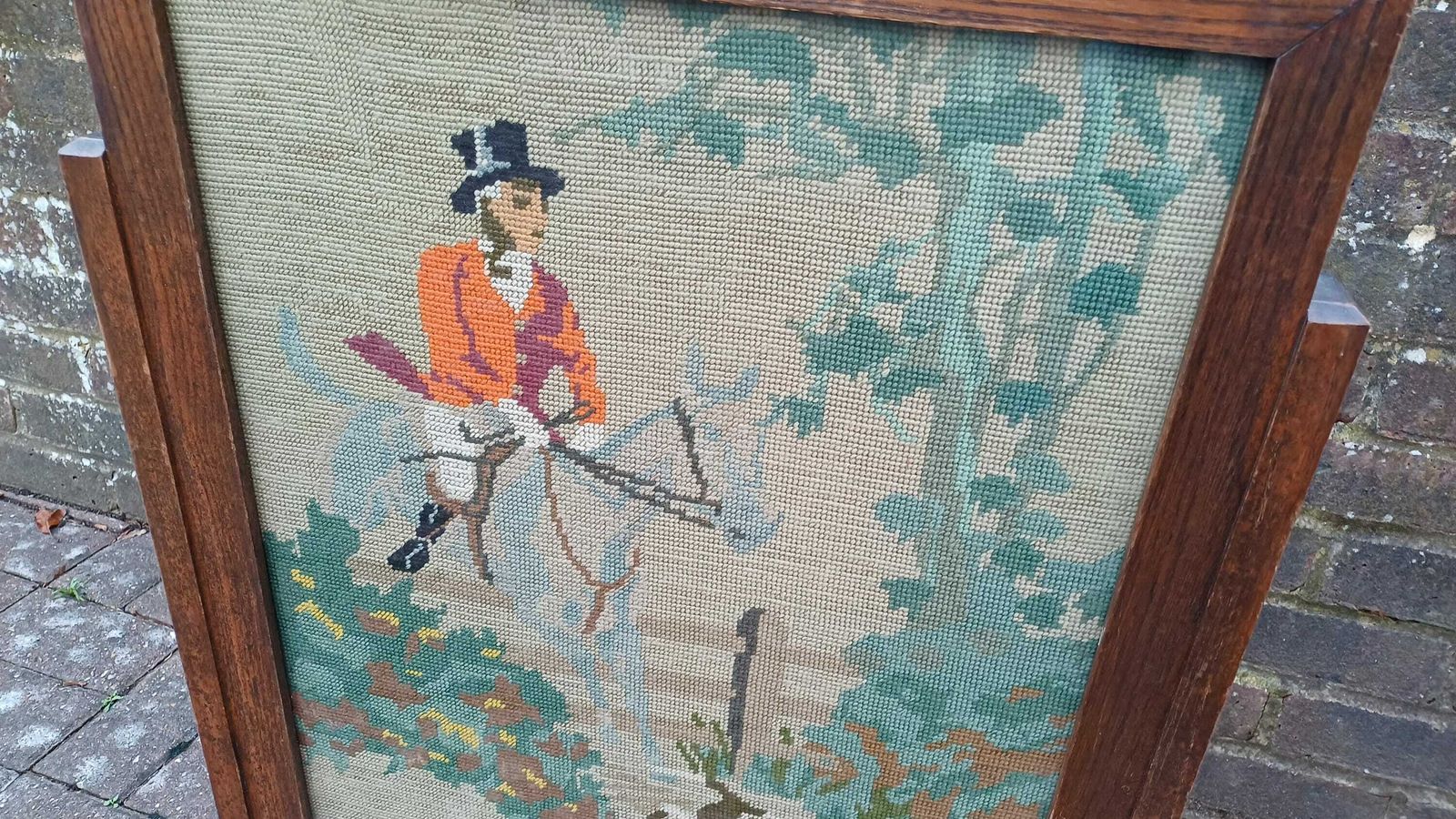 Vintage Tapestry Oak Fire Screen Fox Hunter Hunting photo vintage